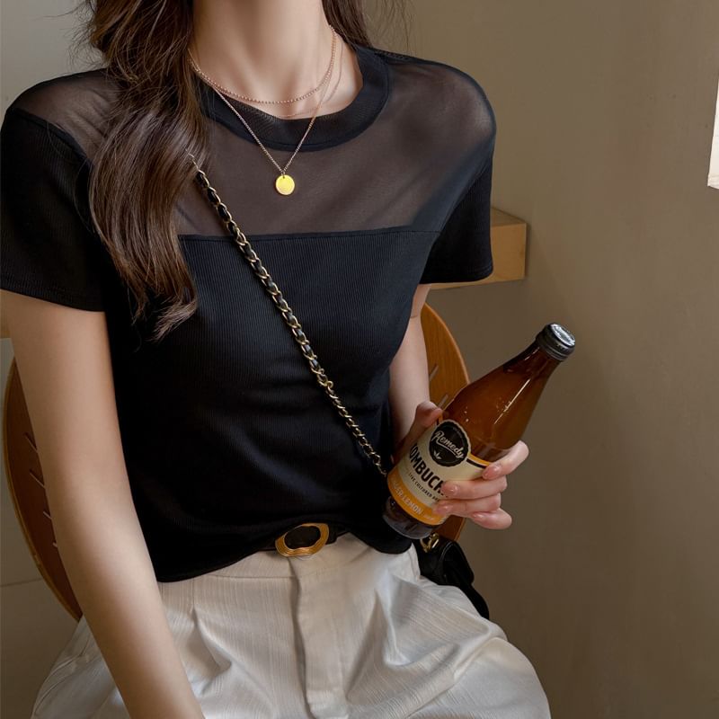 Short Sleeve Round Neck Paneled Fitted Top