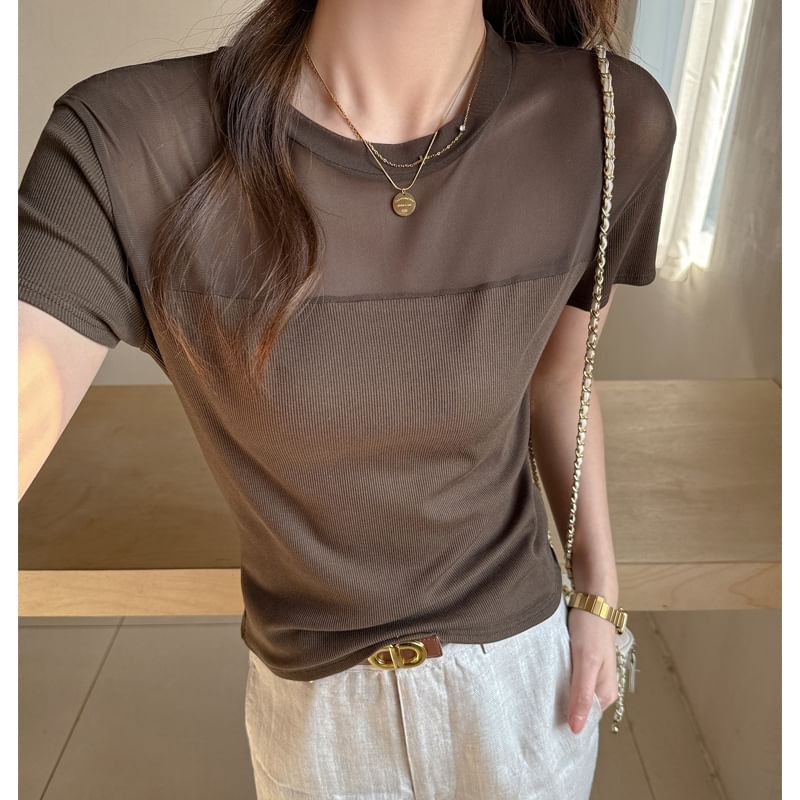 Short Sleeve Round Neck Paneled Fitted Top