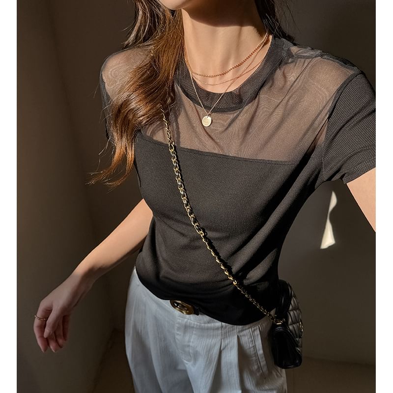 Short Sleeve Round Neck Paneled Fitted Top