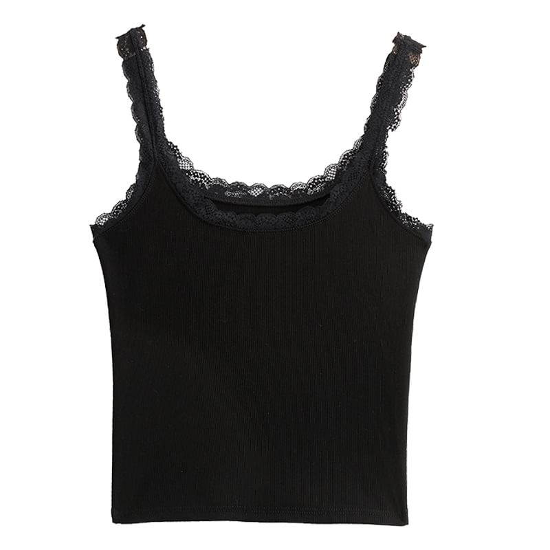 Lace Trim Scoop Neck Fitted Ribbed Sleeveless Blouse