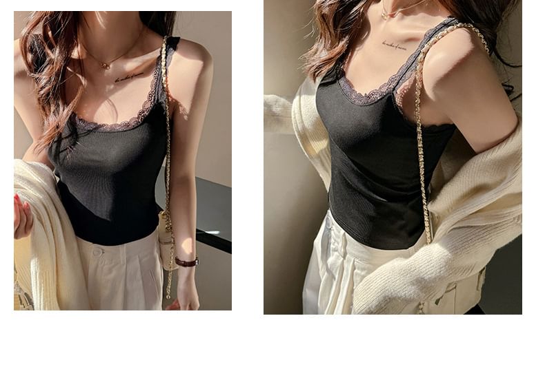 Lace Trim Scoop Neck Fitted Ribbed Sleeveless Blouse