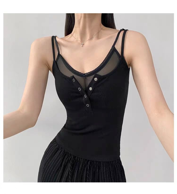 Mesh Insert Faux Layered Slim Camisole