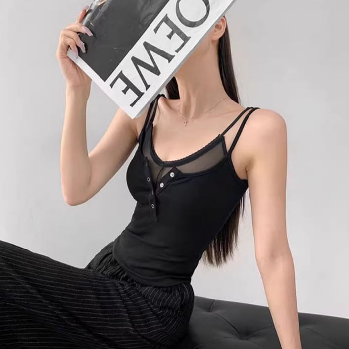 Mesh Insert Faux Layered Slim Camisole
