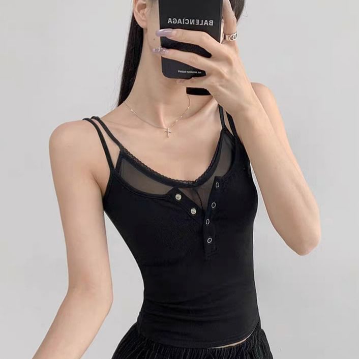 Mesh Insert Faux Layered Slim Camisole