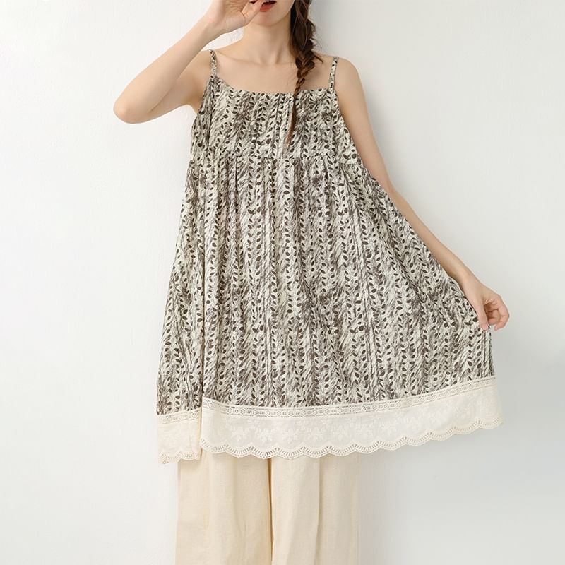 Spaghetti Strap Tie Dye Lace Panel Overall Dress
