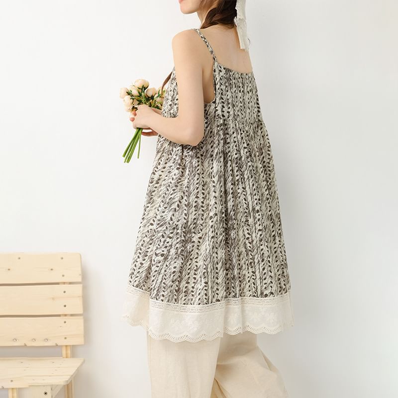 Spaghetti Strap Tie Dye Lace Panel Overall Dress