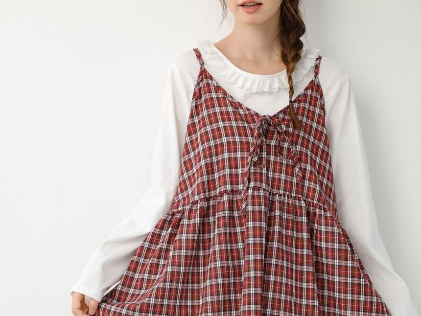 Spaghetti Strap V-Neck Plaid Tie Front Midi Overall Dress
