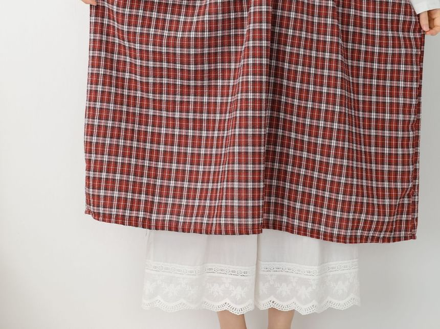 Spaghetti Strap V-Neck Plaid Tie Front Midi Overall Dress
