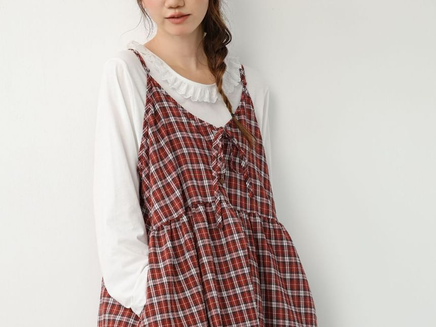 Spaghetti Strap V-Neck Plaid Tie Front Midi Overall Dress