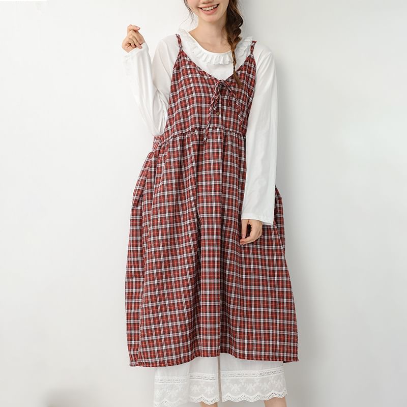 Spaghetti Strap V-Neck Plaid Tie Front Midi Overall Dress