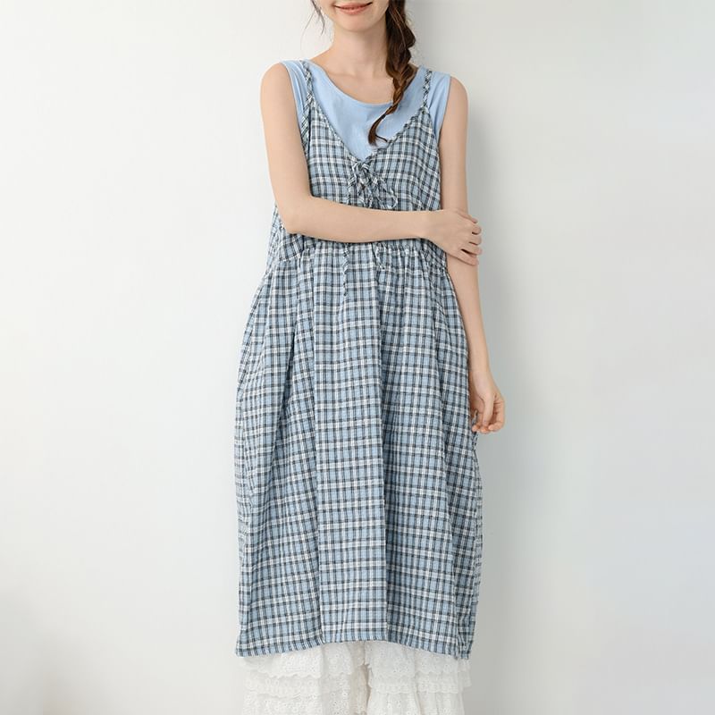 Spaghetti Strap V-Neck Plaid Tie Front Midi Overall Dress