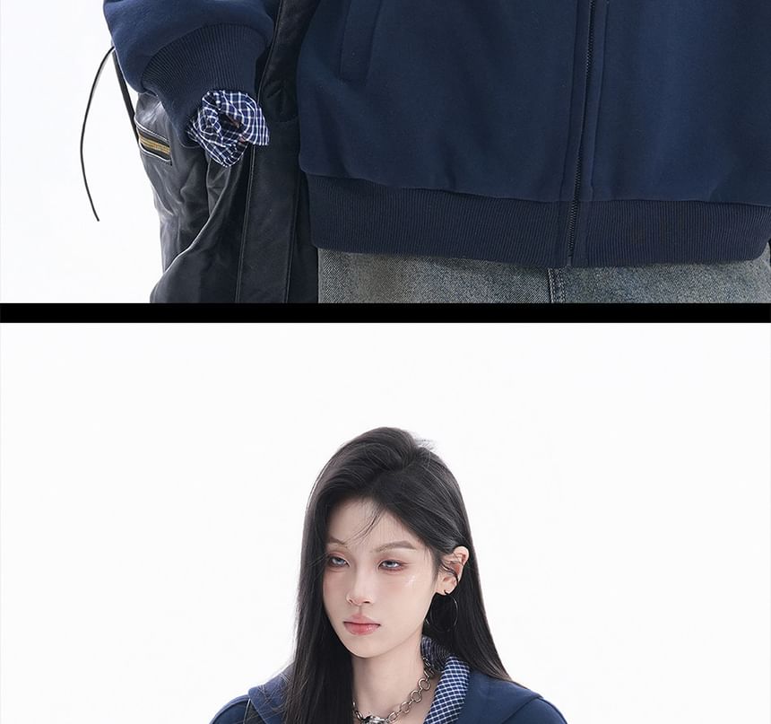Checkered Zip-Up Hooded Jacket with Contrast Panels