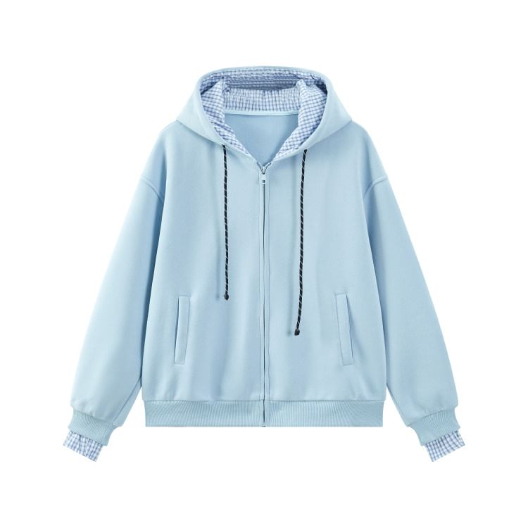 Checkered Zip-Up Hooded Jacket with Contrast Panels