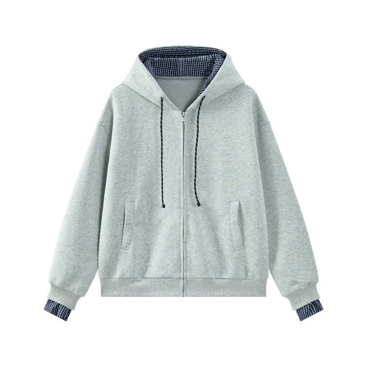 Checkered Zip-Up Hooded Jacket with Contrast Panels