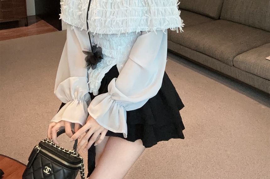 Off Shoulder Lace Top and Tiered Mini Skirt Set