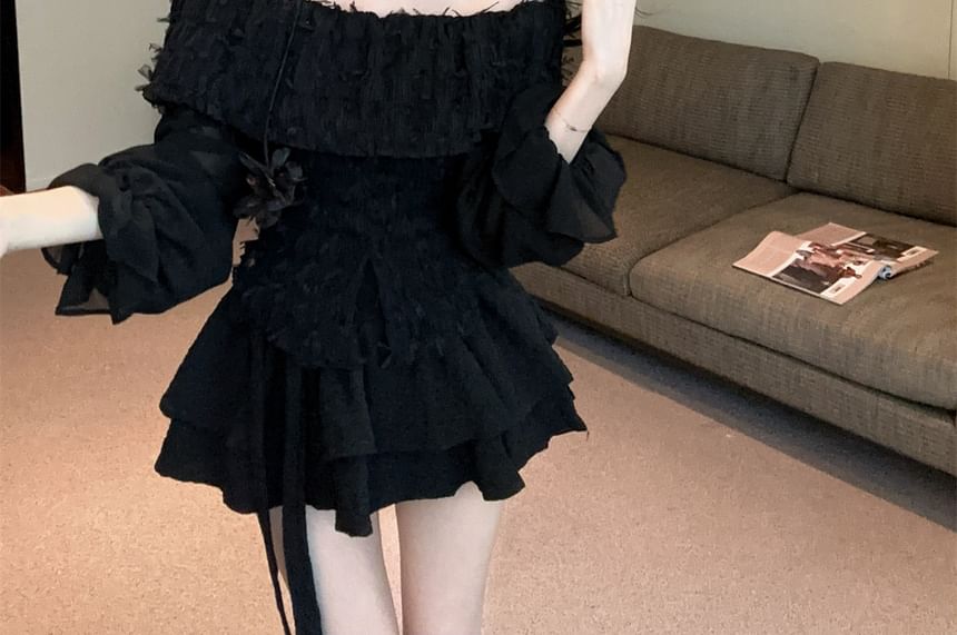 Off Shoulder Lace Top and Tiered Mini Skirt Set
