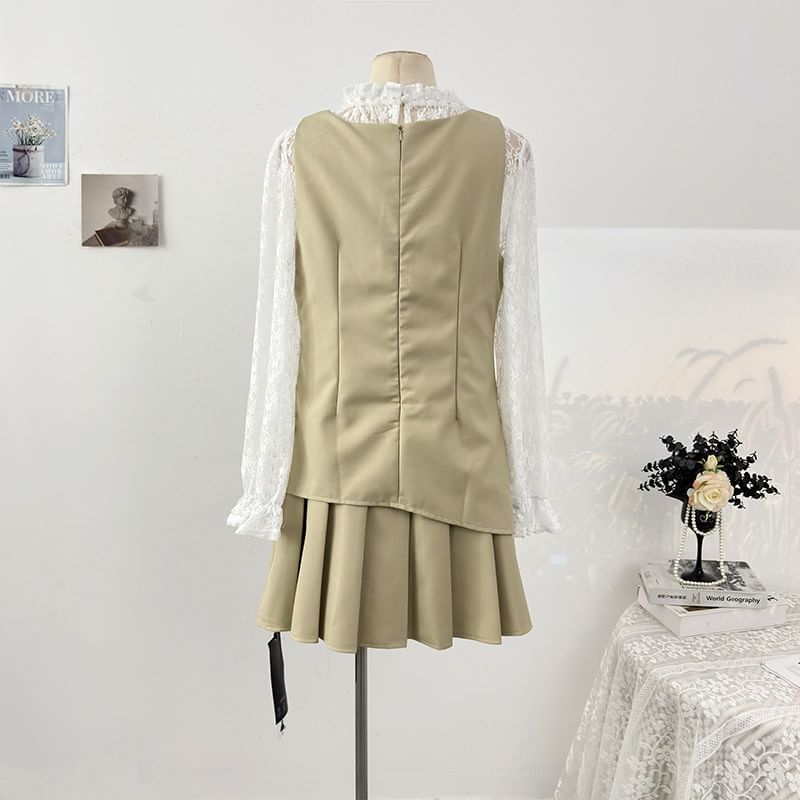 Long Sleeve Mock Two Piece Lace Panel Slim-Fit Top with High Waist Mini Pleated Skirt
