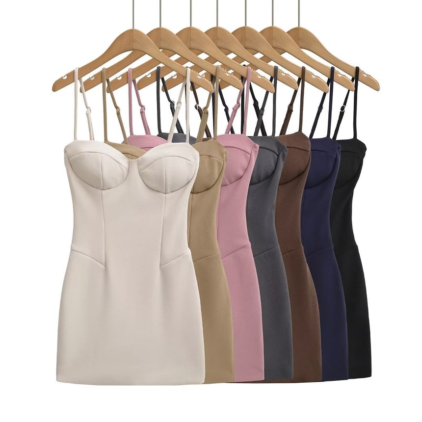 Spaghetti Strap Sweetheart Neck Plain Mini Bodycon Dress