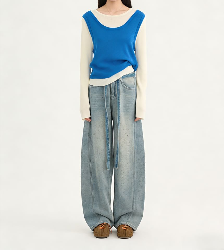Two-Tone Knit Top with Mock Two-Piece Design