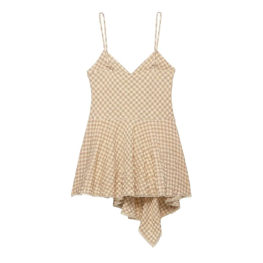 Spaghetti Strap V-Neck Plaid Asymmetrical Mini A-Line Dress