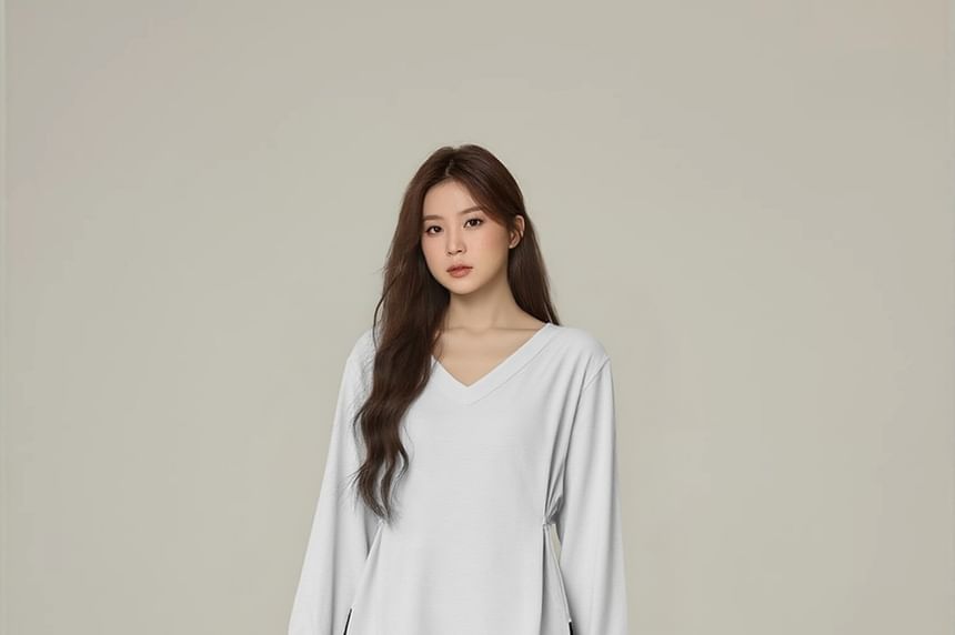 V-Neck Slit Tee with Long Sleeves