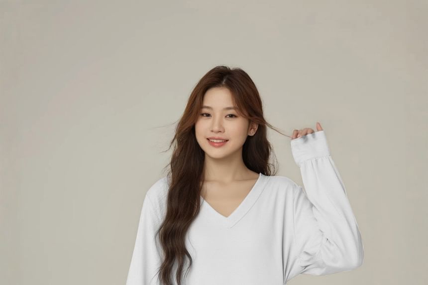 V-Neck Slit Tee with Long Sleeves