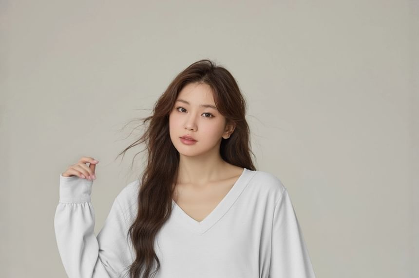 V-Neck Slit Tee with Long Sleeves