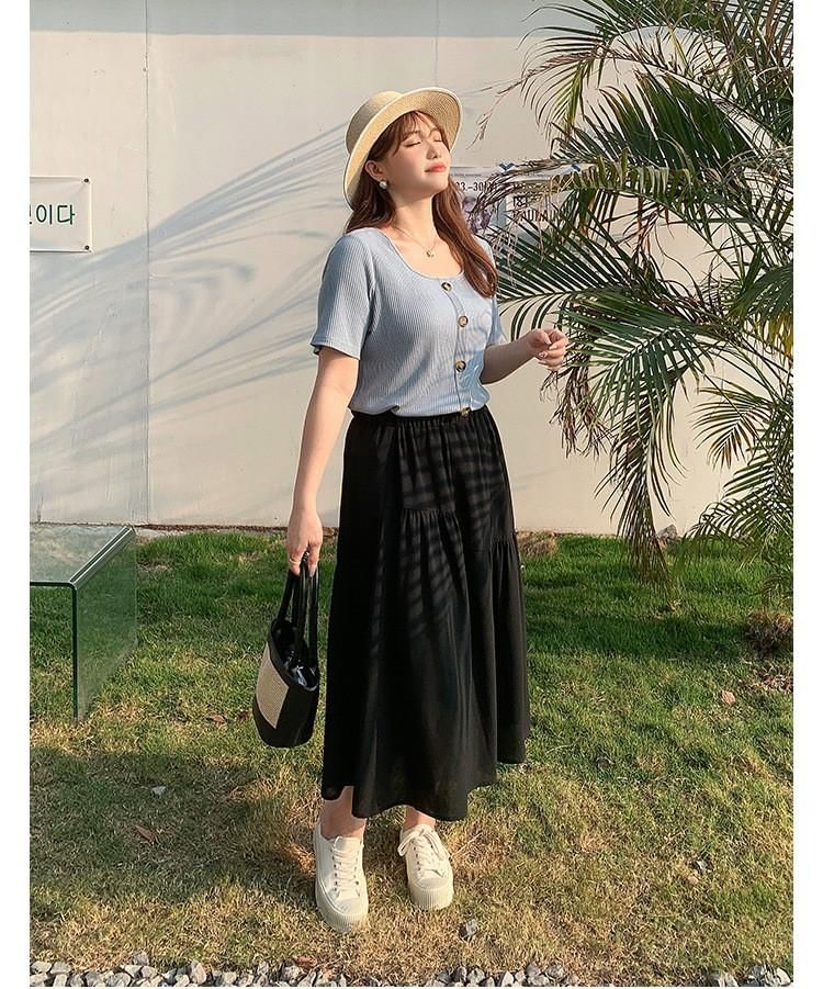 Square Neck Ribbed Top and Gathered A-Line Midi Skirt