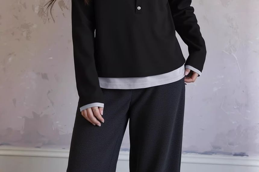 Mock Two-Piece Henley Tee with Long Sleeves