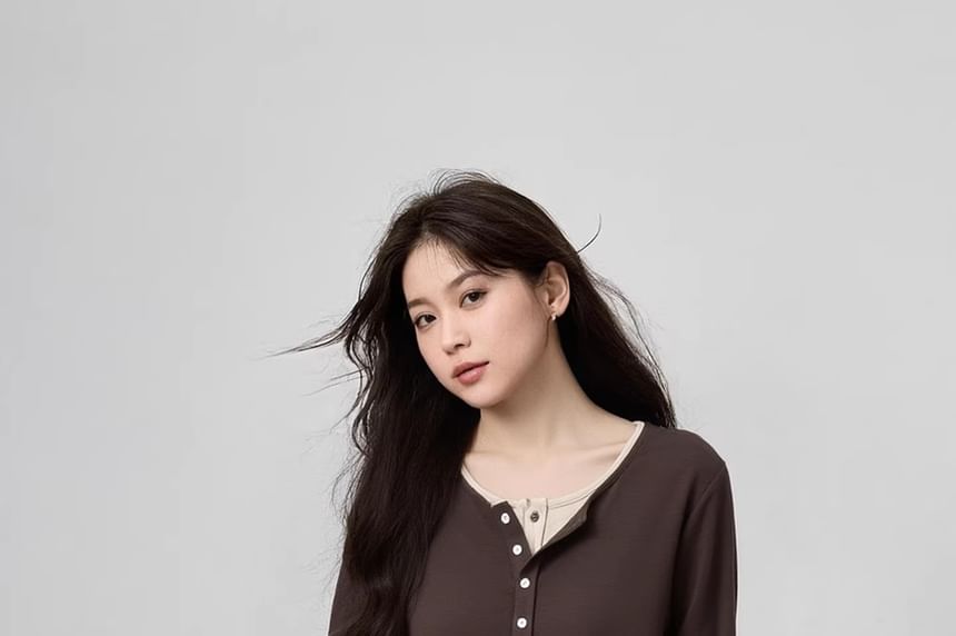 Mock Two-Piece Henley Tee with Long Sleeves