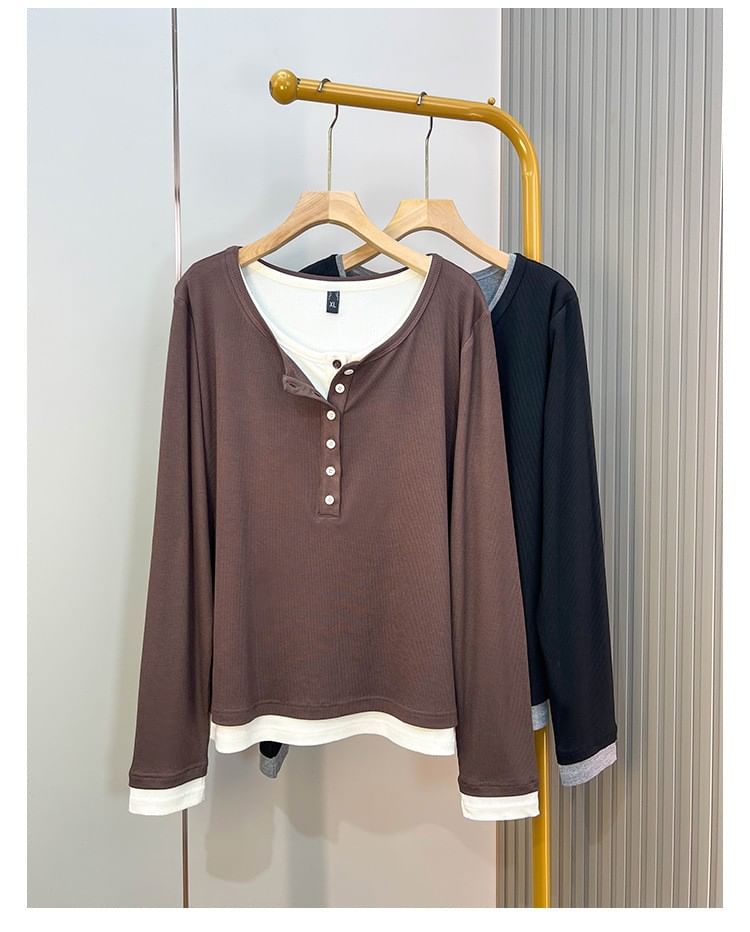 Mock Two-Piece Henley Tee with Long Sleeves