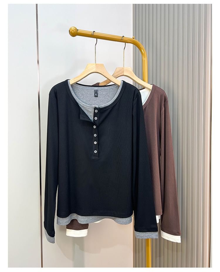 Mock Two-Piece Henley Tee with Long Sleeves