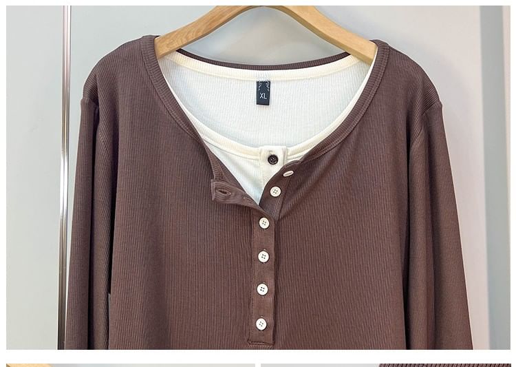 Mock Two-Piece Henley Tee with Long Sleeves