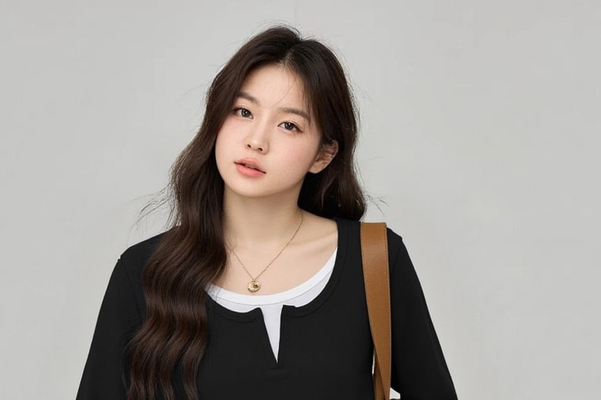 Mock Two-Piece Round Neck Tee with Long Sleeves