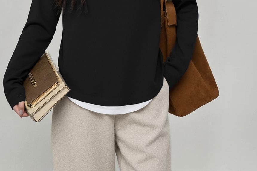 Mock Two-Piece Round Neck Tee with Long Sleeves