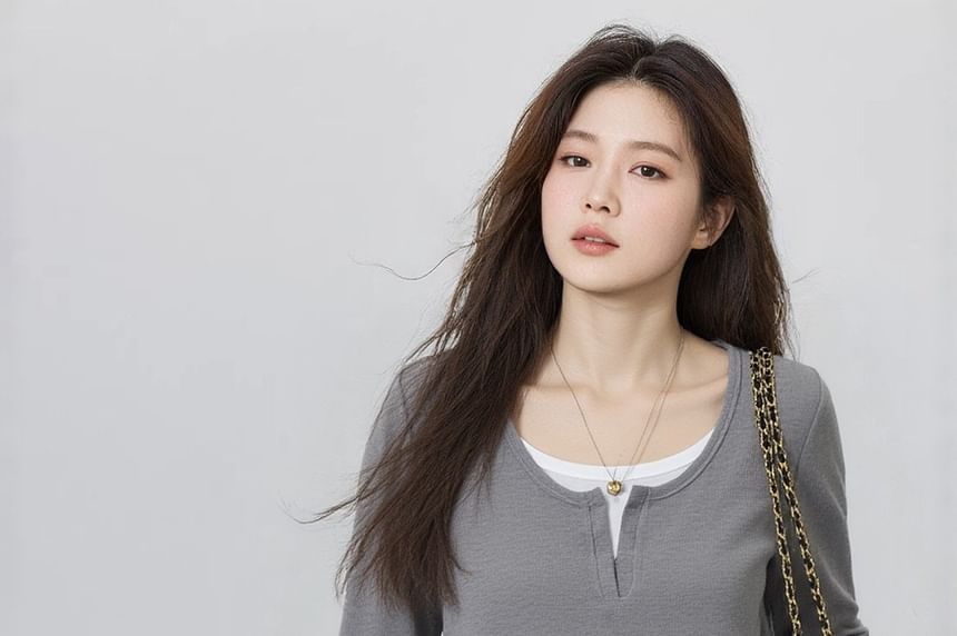 Mock Two-Piece Round Neck Tee with Long Sleeves