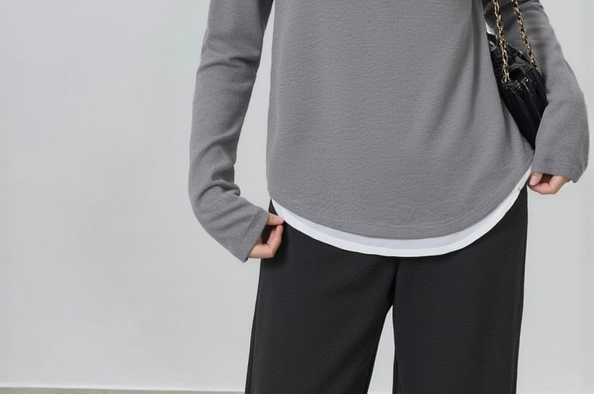 Mock Two-Piece Round Neck Tee with Long Sleeves