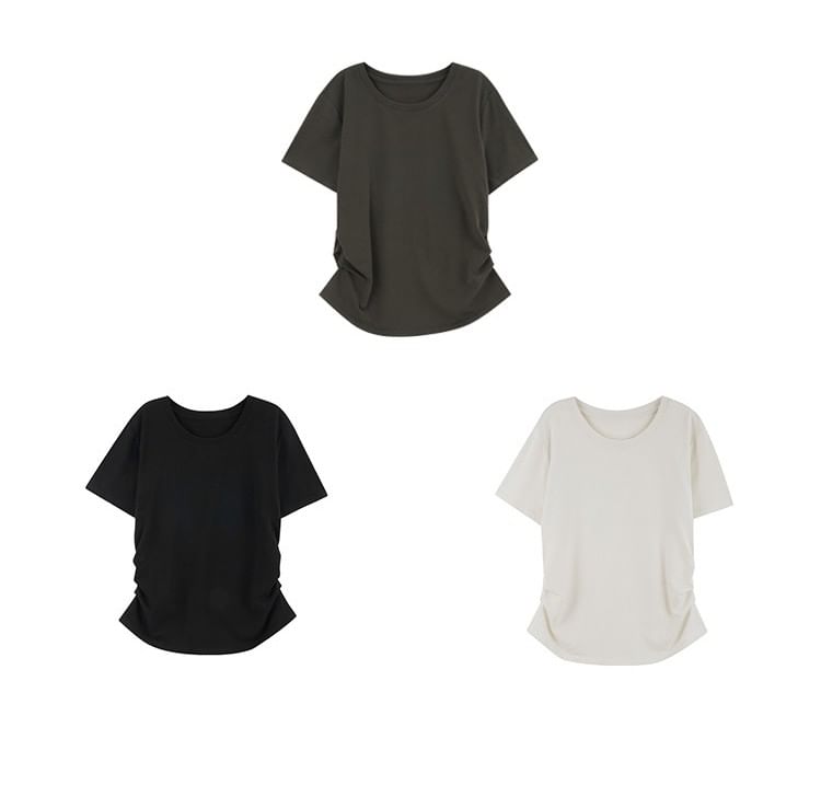Ruched Round Neck Tee with Short Sleeves