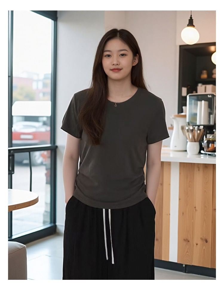 Ruched Round Neck Tee with Short Sleeves
