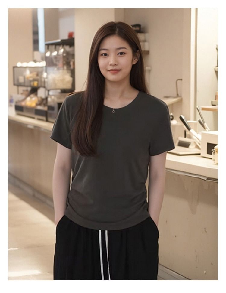 Ruched Round Neck Tee with Short Sleeves