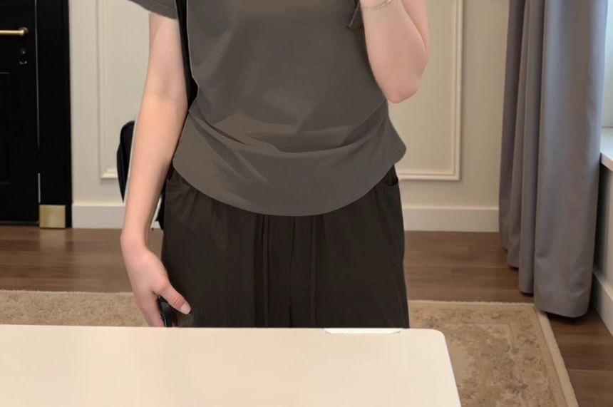 Ruched Round Neck Tee with Short Sleeves