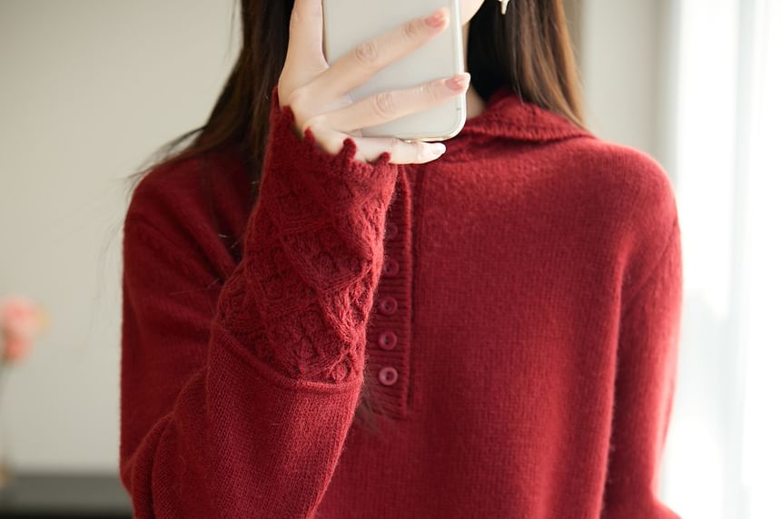 Henley Lace Cuff Hooded Knit Top Long Sleeve