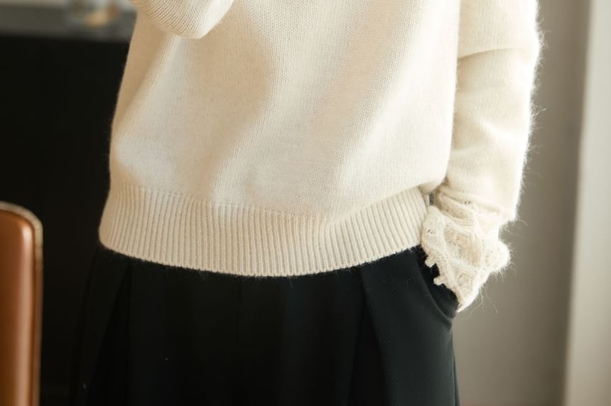 Henley Lace Cuff Hooded Knit Top Long Sleeve