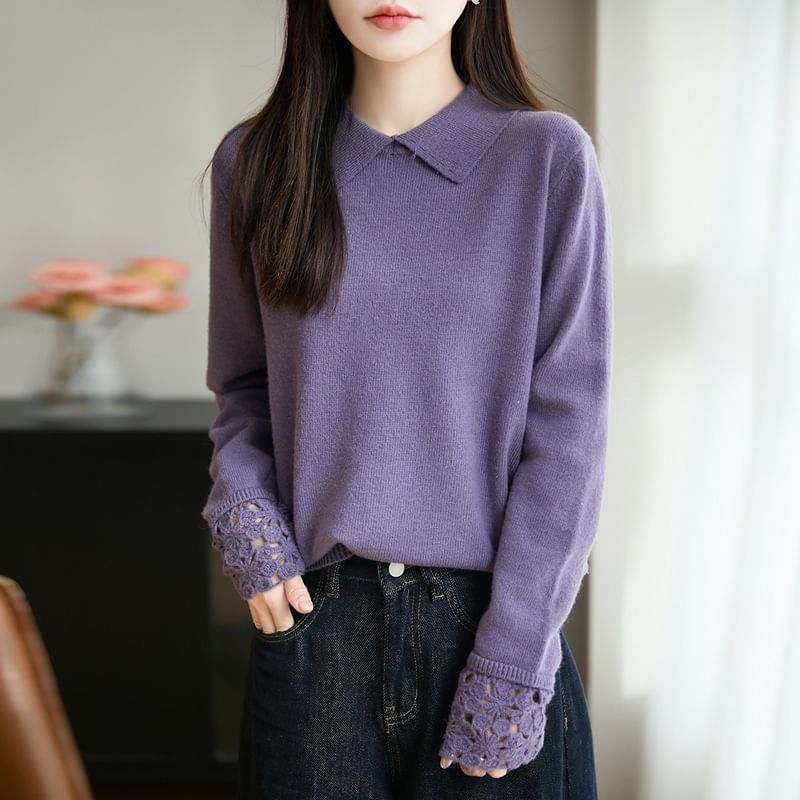 Knit Polo Top with Lace Cuff Sleeves