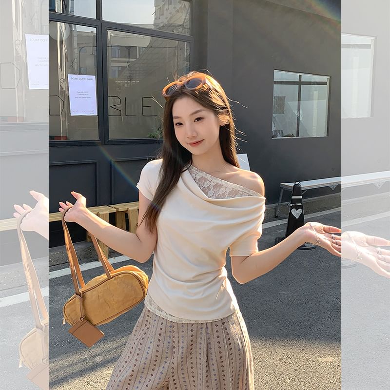 Short Sleeve Cowl Neck Lace Panel Slim-Fit Top