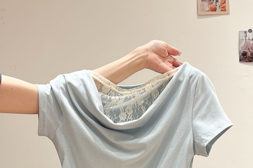 Short Sleeve Cowl Neck Lace Panel Slim-Fit Top