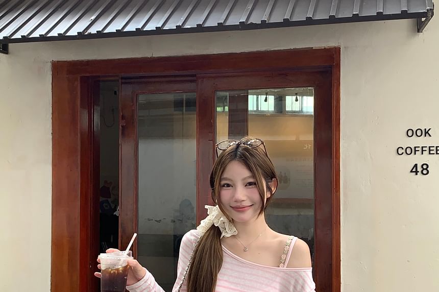 Long-Sleeve Off Shoulder Striped T-Shirt / Spaghetti Strap Maxi A-Line Dress