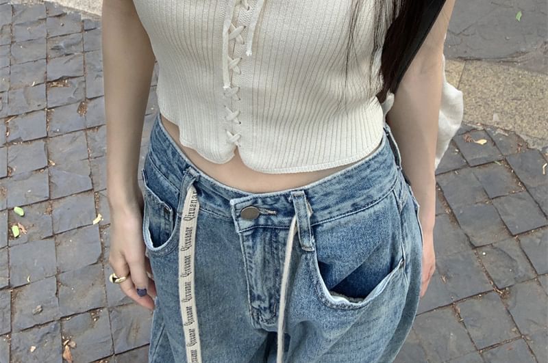 Cap Sleeve V-Neck Lace Up Ribbed Knit Top