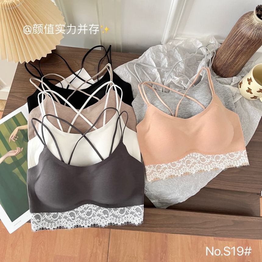 Halter Neck Lace Panel Open Back Bra Top