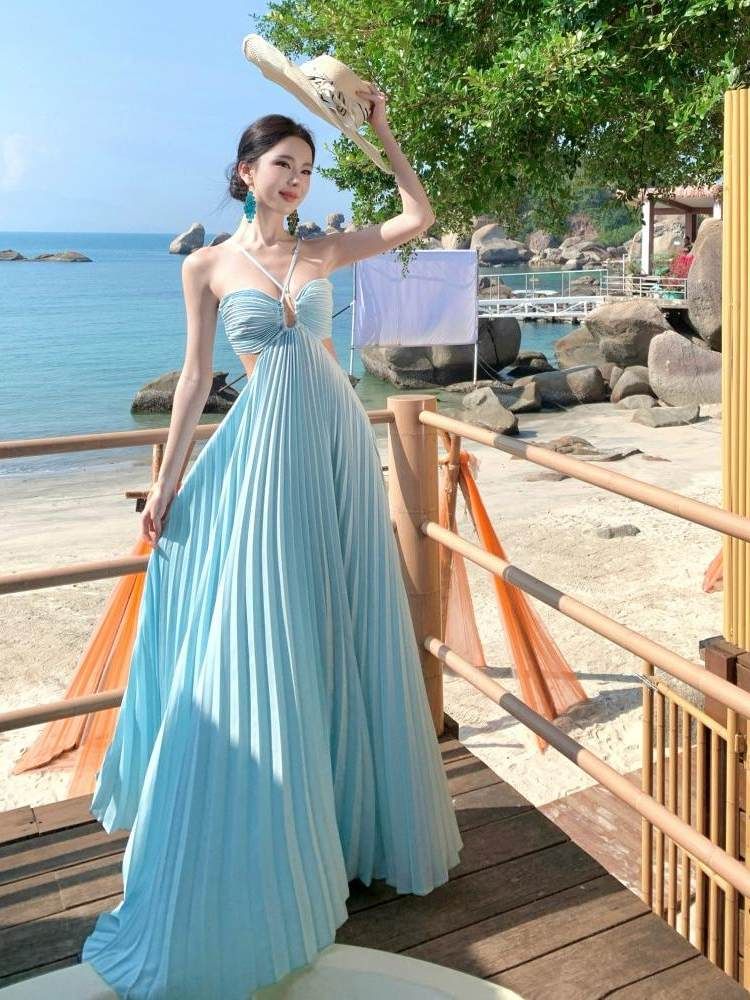 Spaghetti Strap Plain Cutout Pleated Maxi A-Line Dress